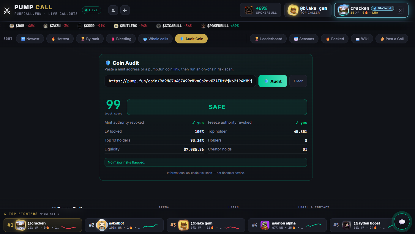 Coin Audit result — a 99 trust score with a SAFE verdict, mint and freeze authority revoked, LP locked, holder spread, liquidity and creator holdings