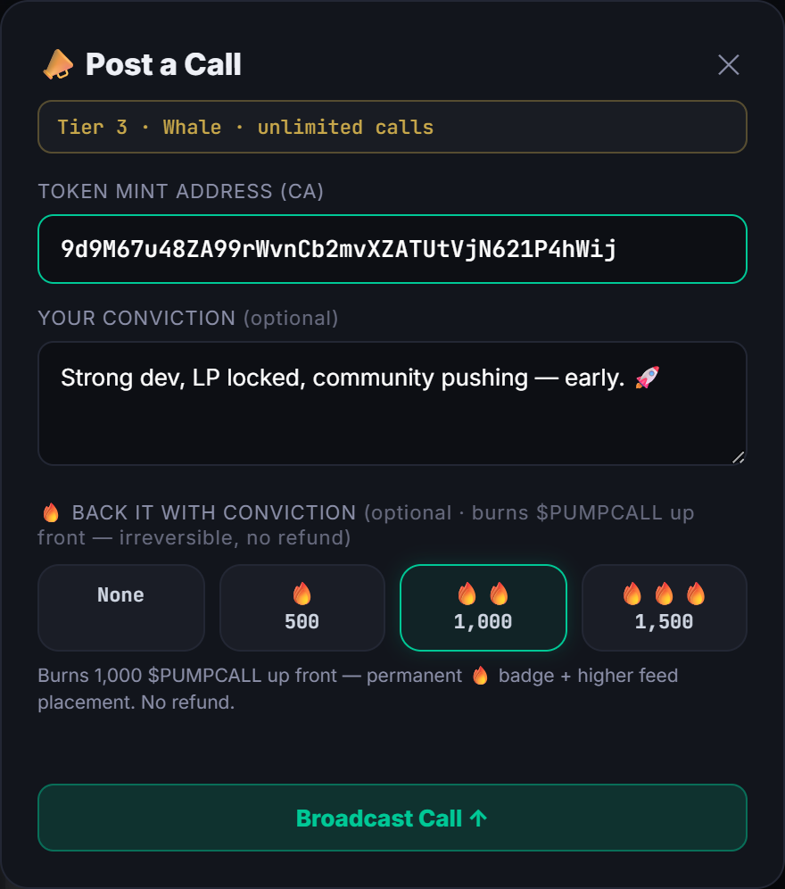 Post a Call compose modal — tier status, coin mint field, optional note, and the conviction tier picker (None / 500 / 1,000 / 1,500)