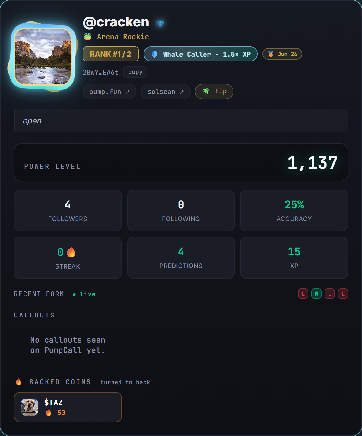 A caller profile — rank, holder tier, power level, followers, accuracy, streak, predictions, XP, recent win/loss form, callouts and backed coins