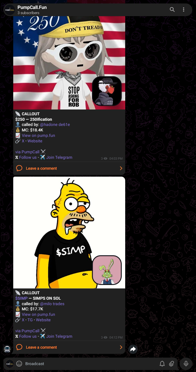Example PumpCall callout alerts in Telegram — coin image + caller avatar, ticker, live market cap, who called it, and quick links