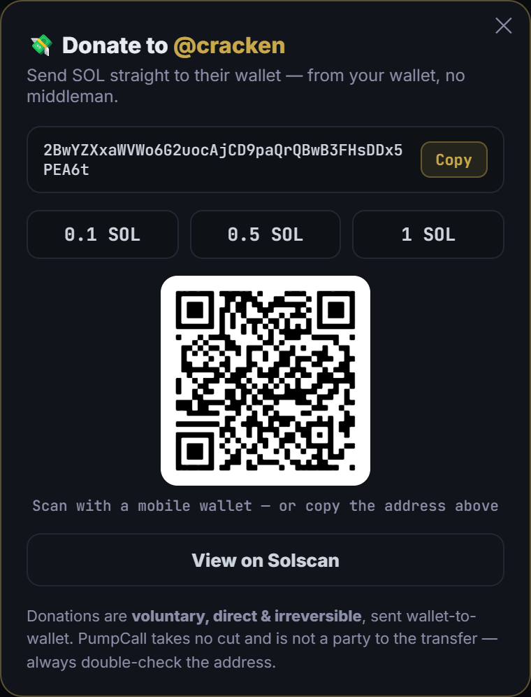 Tip a caller — their Solana address with a copy button, SOL amount presets, a scannable QR code and a Solscan link