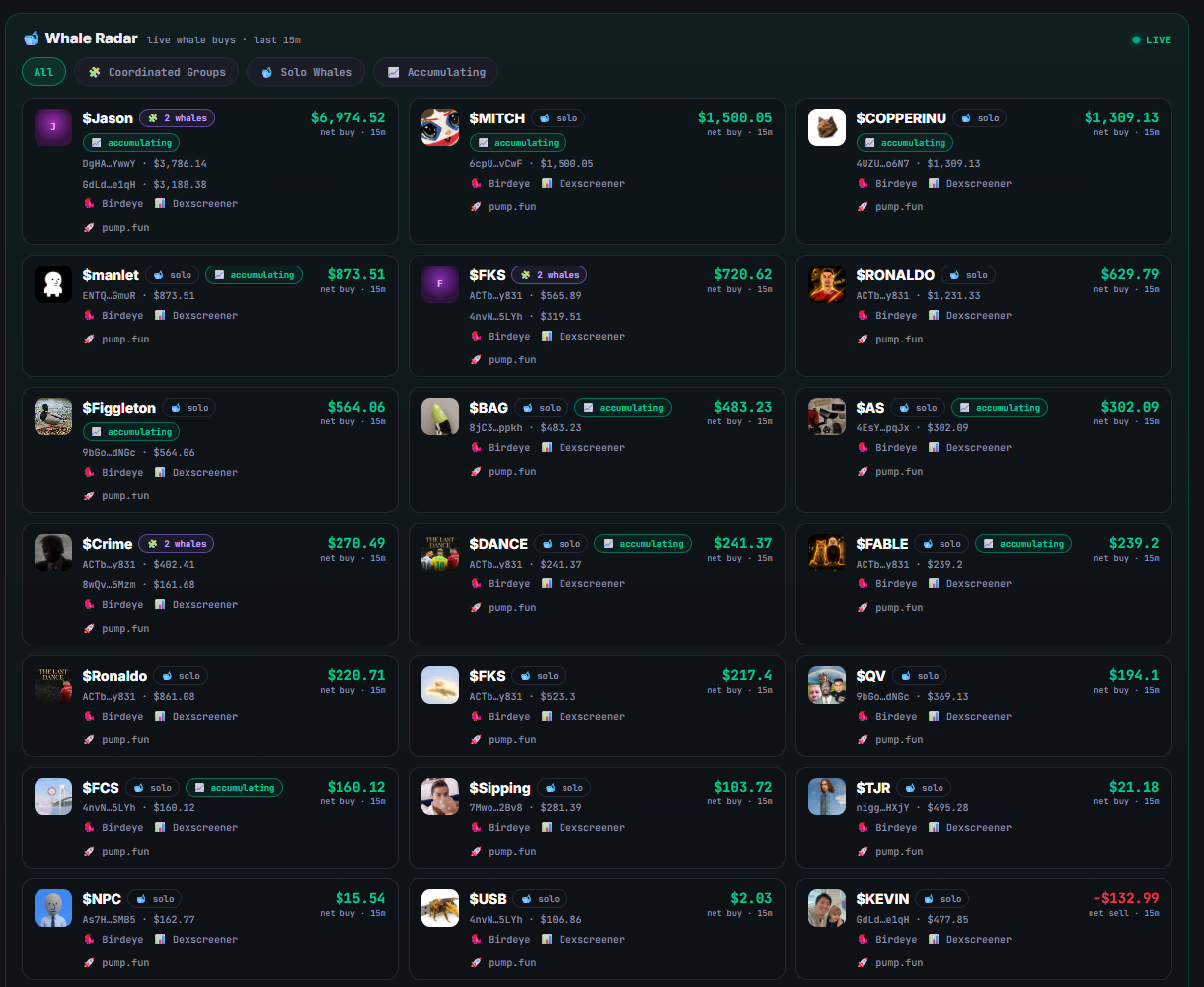 Whale Radar — a live grid of Solana coins whales are buying, each row showing net buy, whale count and top wallets, filterable by Coordinated / Solo / Accumulating